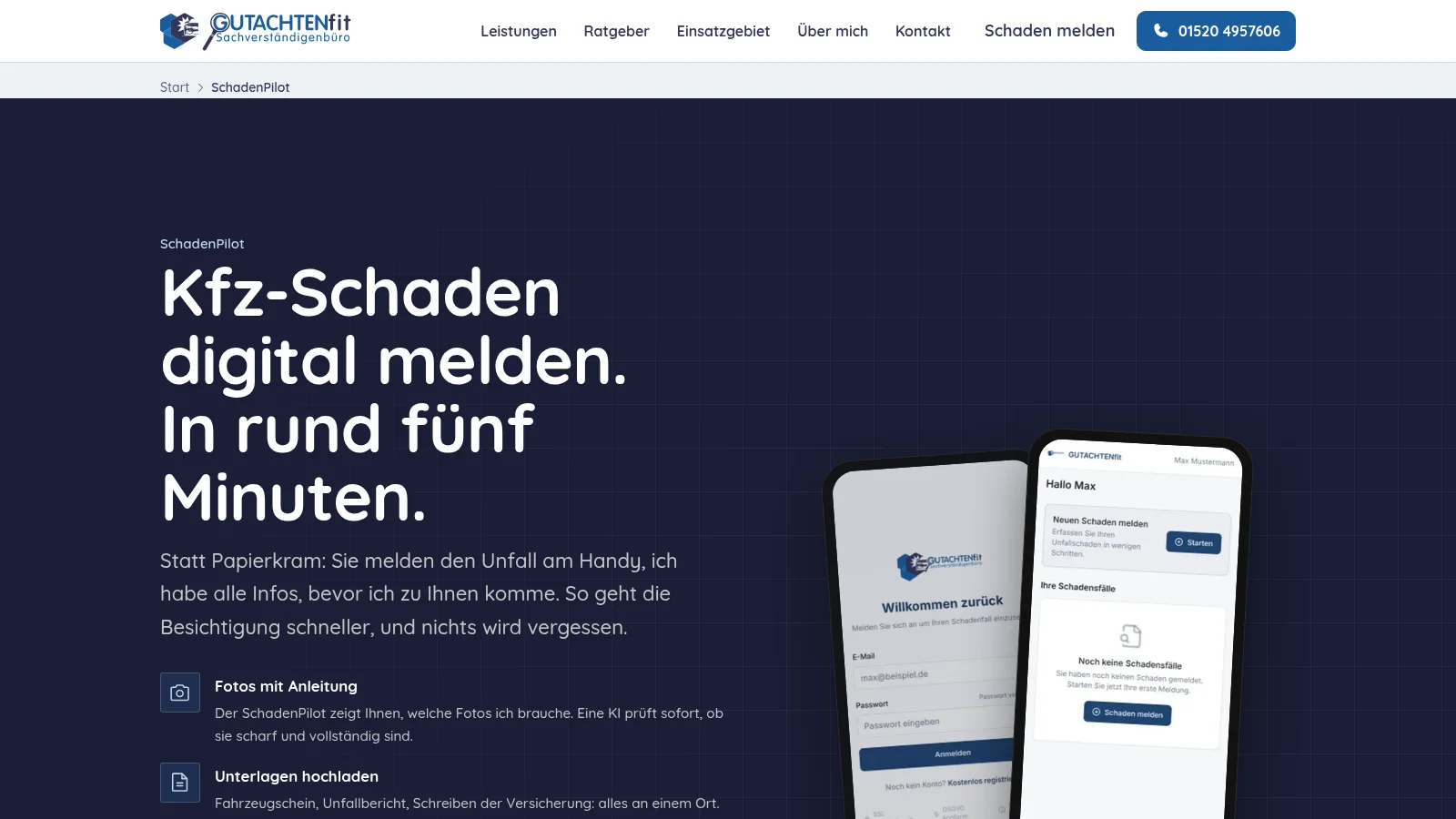 Screenshot der Startseite von SchadenPilot
