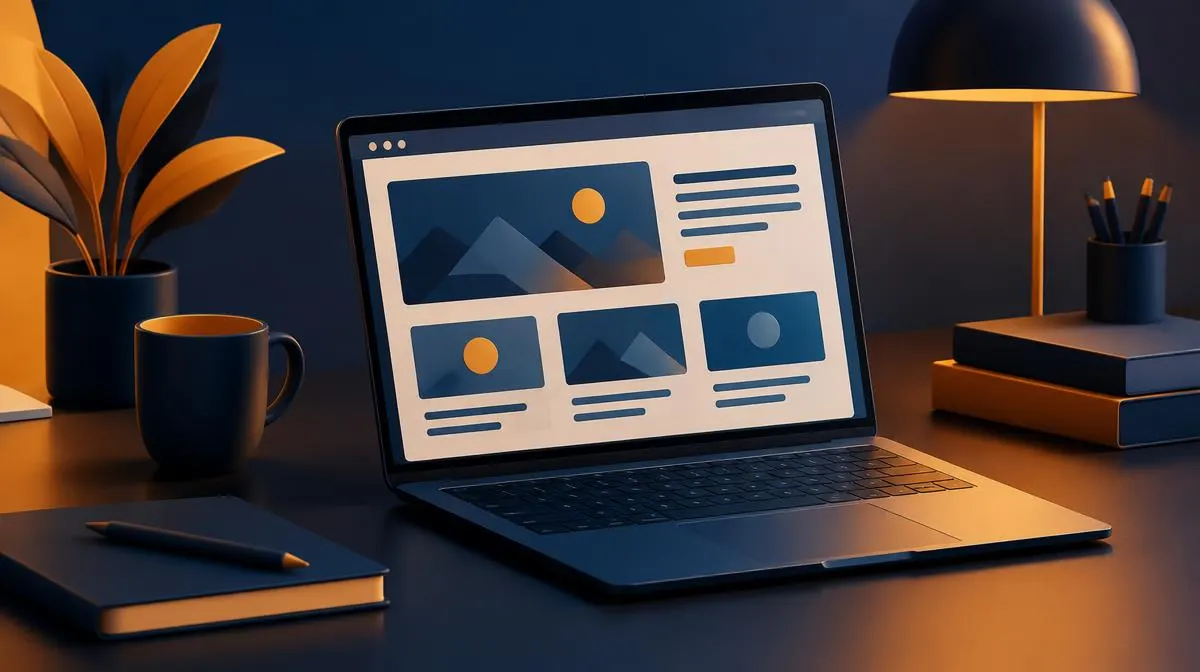 Laptop mit schlichtem Website-Layout auf einem Schreibtisch