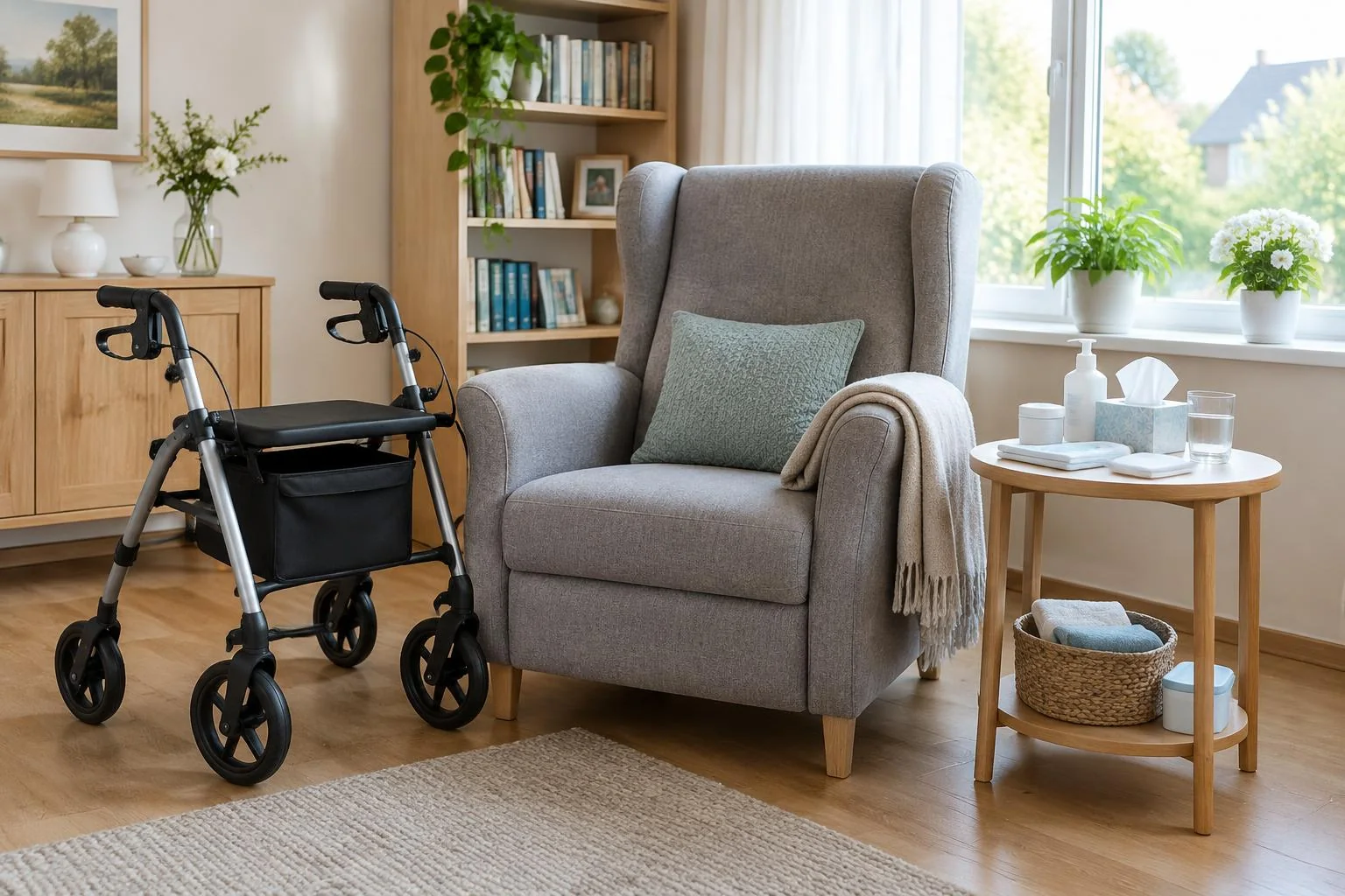 Generiertes Branchenmotiv: Helles Wohnzimmer mit Rollator neben einem Sitzbereich