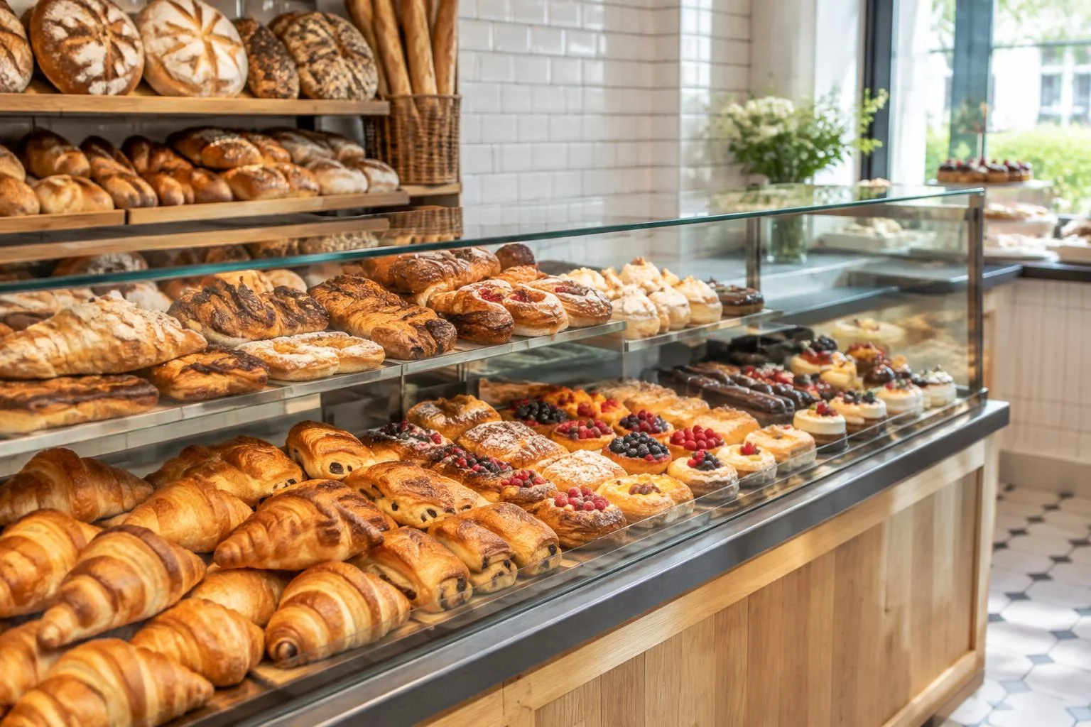 Generiertes Branchenmotiv: Bäckereitheke mit frischen Broten, Croissants und Kuchen