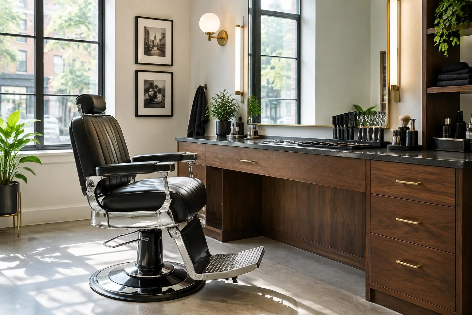 Generiertes Branchenmotiv: Aufgeräumter Barbershop mit Spiegel, Barberstuhl sowie Werkzeugen für Schnitt und Bartpflege