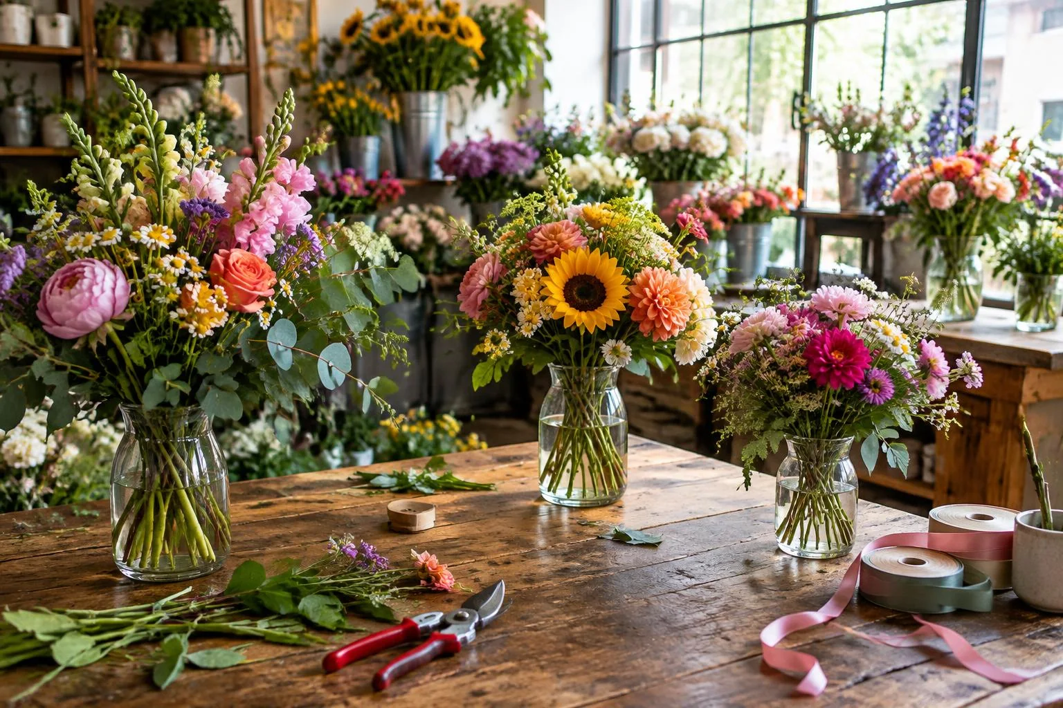 Generiertes Branchenmotiv: Floristischer Arbeitsplatz mit saisonalen Schnittblumen in Vasen, Bindematerial und Schere