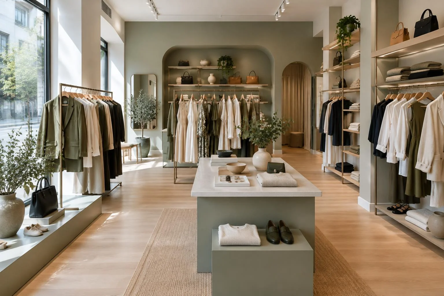 Generiertes Branchenmotiv: Boutique mit geordneten Kleiderständern und Accessoires