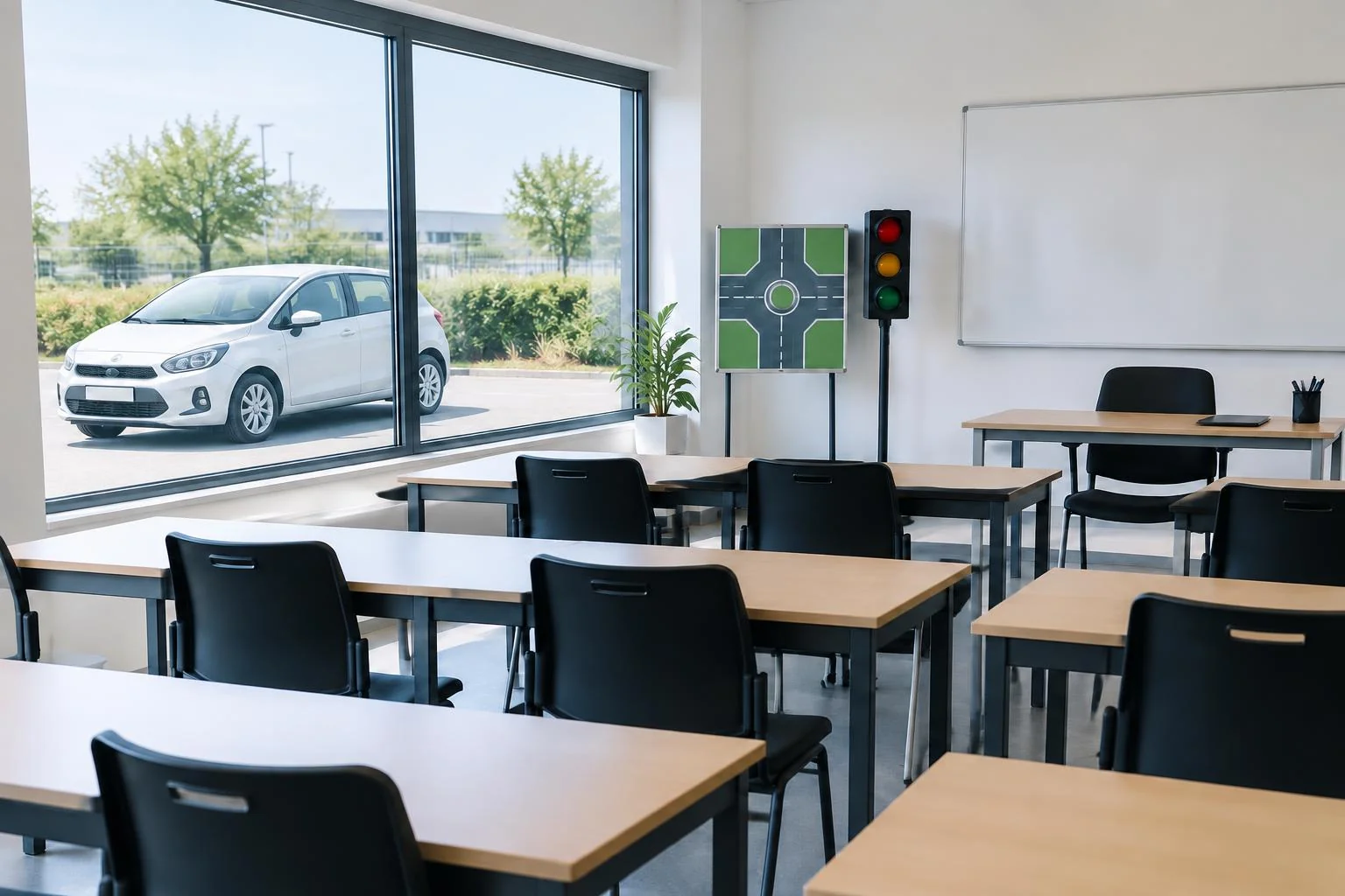 Generiertes Branchenmotiv: Unterrichtsraum einer Fahrschule mit Sitzplätzen und Präsentationsfläche