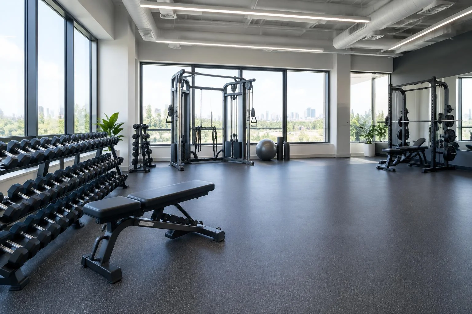 Generiertes Branchenmotiv: Trainingsbereich mit Geräten und Platz für persönliche Betreuung