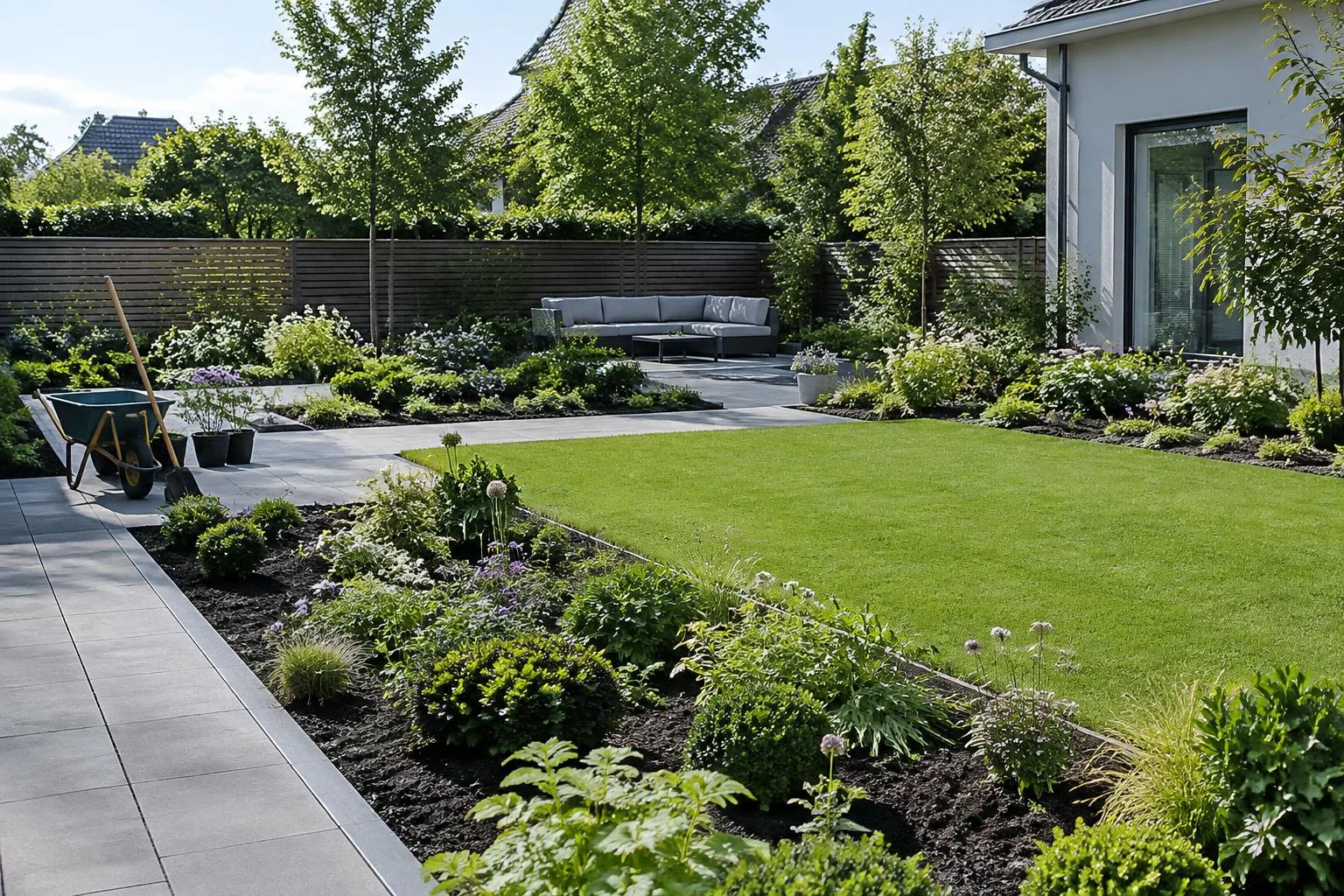 Garten mit bepflanzten Beeten und einem Steinweg zwischen grünen Flächen