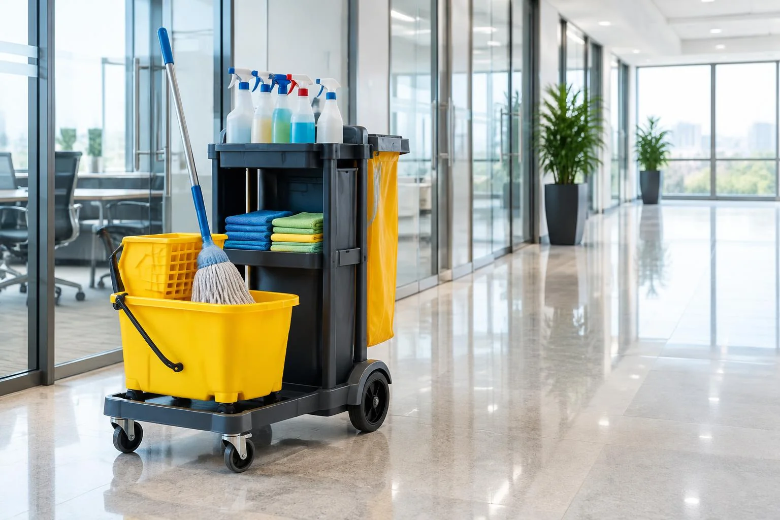 Generiertes Branchenmotiv: Reinigungswagen mit Arbeitsmitteln in einem gewerblich genutzten Innenraum