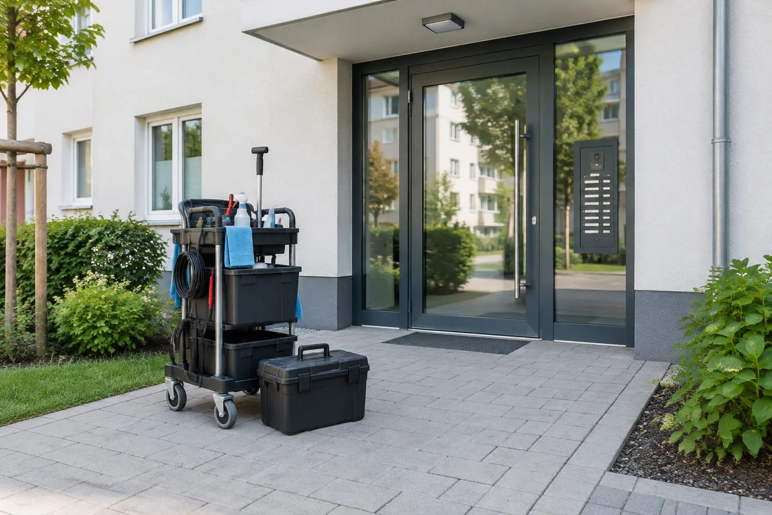 Generiertes Branchenmotiv: Gebäudeeingang mit Werkzeugwagen für die Objektbetreuung