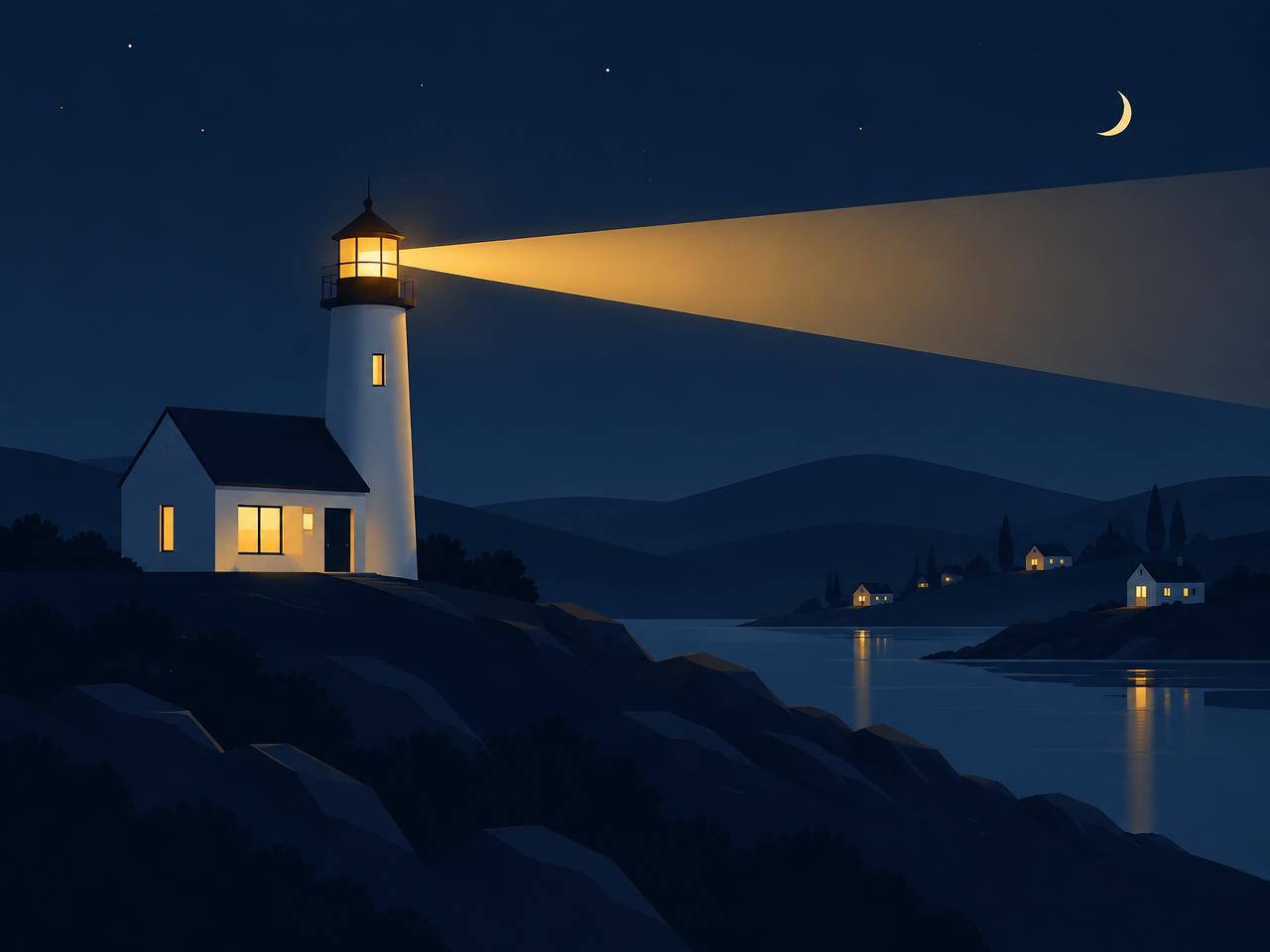 Illustration: Ein Haus mit Leuchtturm, dessen Lichtstrahl über eine nächtliche Landschaft scheint