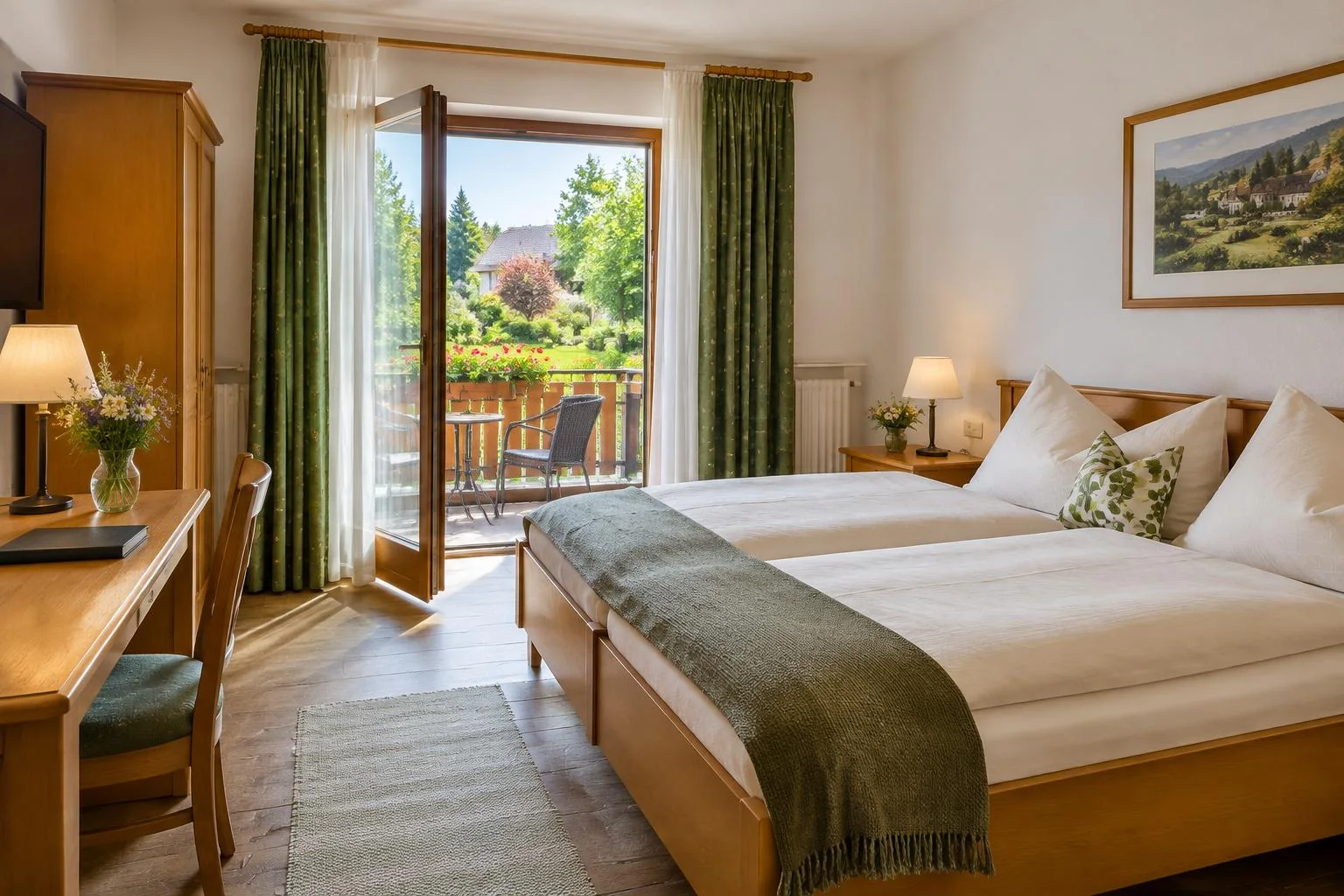 Generiertes Branchenmotiv: Helles Gästezimmer mit Doppelbett, Schreibtisch und offener Balkontür zum Garten