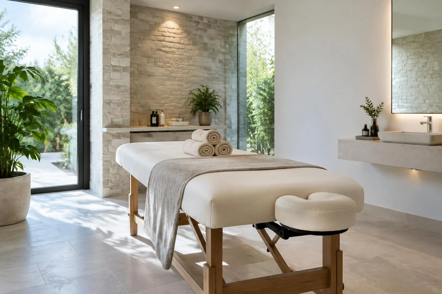 Generiertes Branchenmotiv: Heller Massageraum mit Behandlungsliege und bereitgelegten Handtüchern