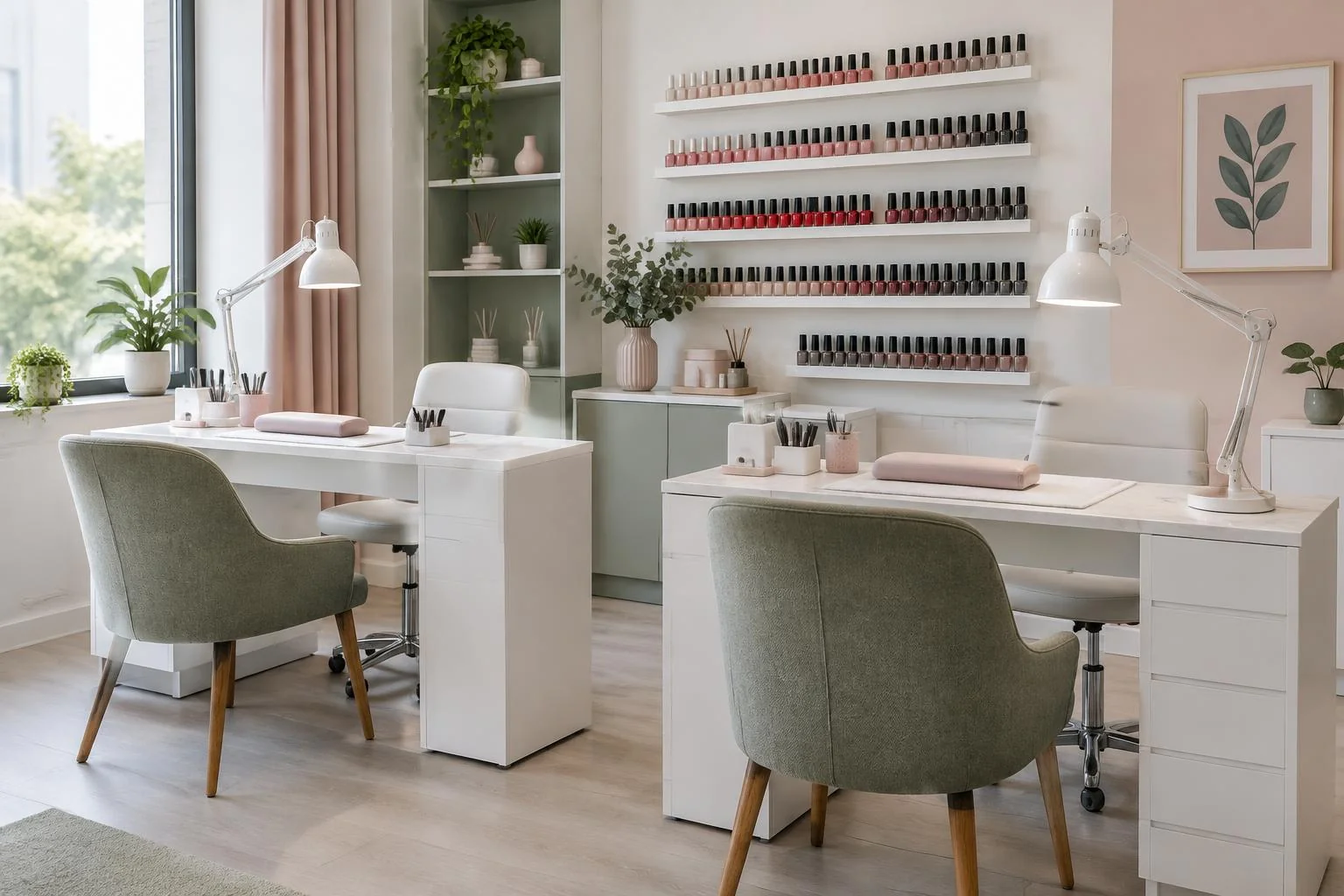Generiertes Branchenmotiv: Arbeitsplatz in einem Nagelstudio mit vorbereiteten Instrumenten und Farbauswahl