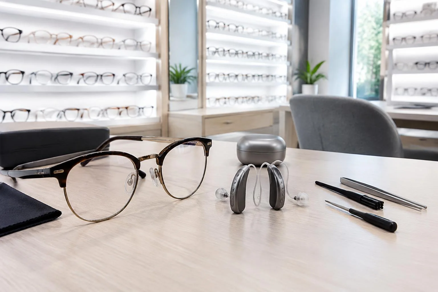 Generiertes Branchenmotiv: Arbeitsplatz mit Brille und Hörgerät auf einer aufgeräumten Arbeitsfläche