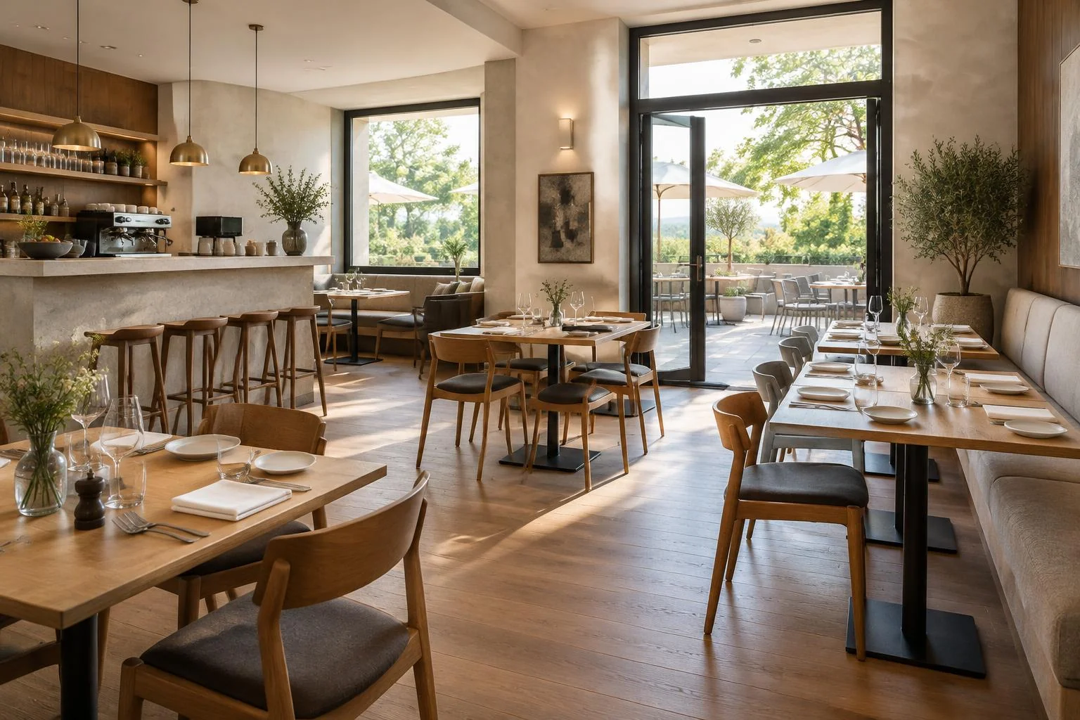 Generiertes Branchenmotiv: Heller Gastraum mit gedeckten Tischen, Cafétheke und Terrassenzugang