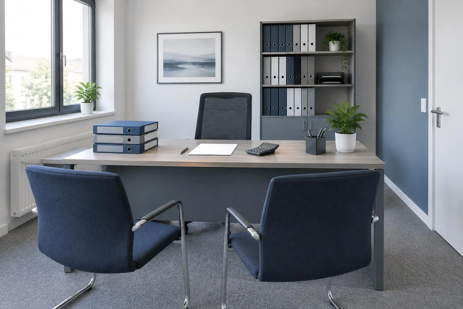 Generiertes Branchenmotiv: Aufgeräumtes Büro mit neutralen Ordnern und Beratungsplätzen