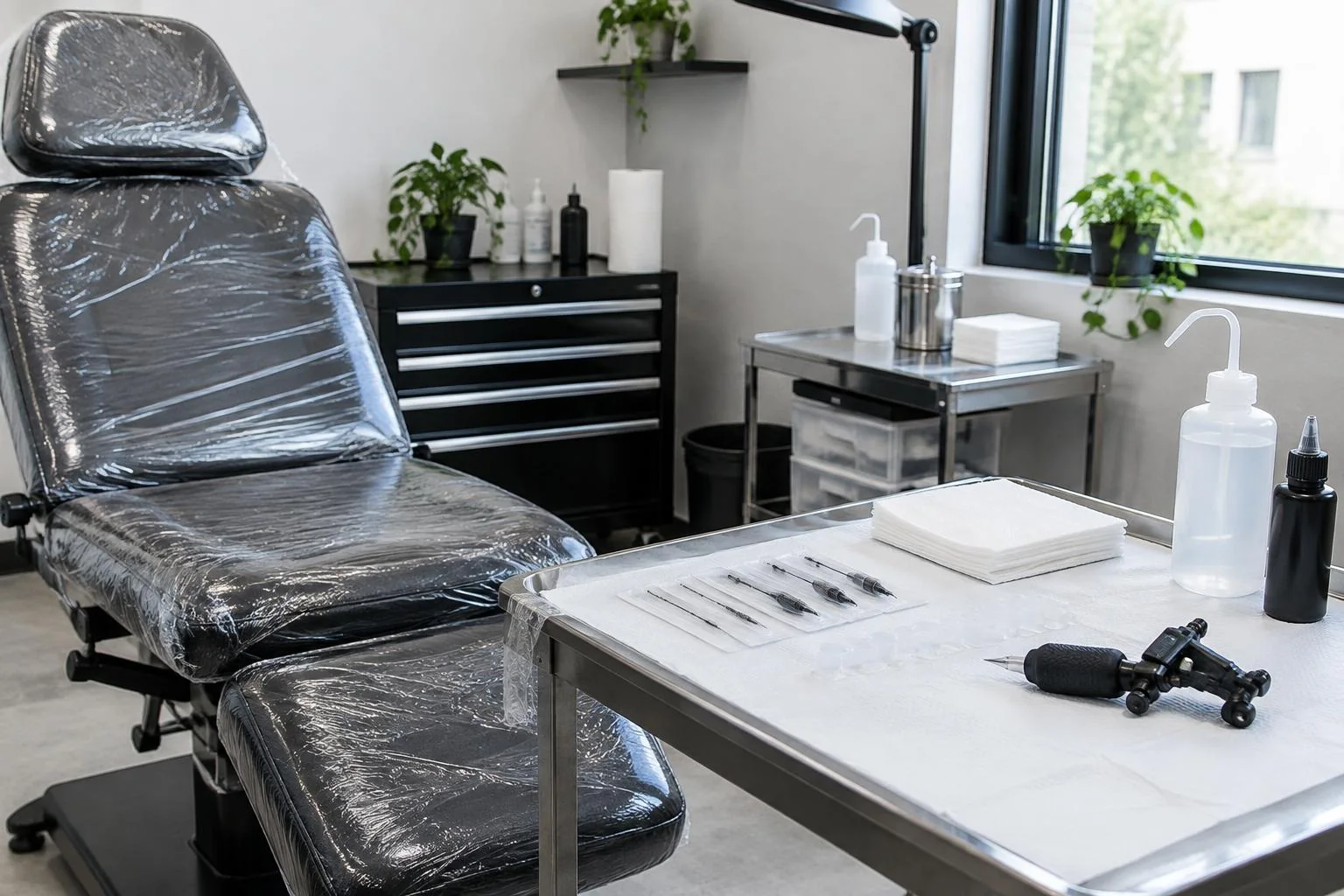 Generiertes Branchenmotiv: Geordneter Tattoo- und Piercingarbeitsplatz mit Behandlungsstuhl und verpackten Arbeitsmitteln